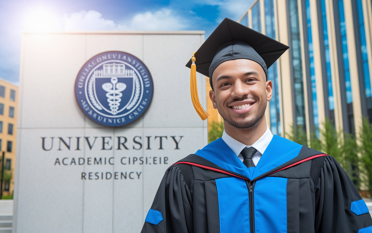 A confident medical graduate in professional attire smiles while standing in front of a prestigious academic institution, signifying the enhanced career opportunities achieved through an academic residency. The backdrop features the university’s emblem and modern architecture, symbolizing success and professional growth. The bright sky above adds an inspirational touch, reflecting hope and ambition for a promising future in medicine.