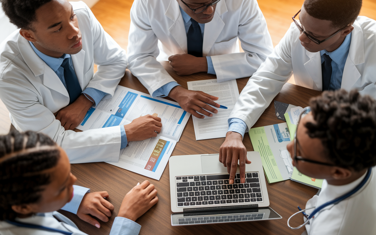 A thoughtful scene depicting a group of medical students gathered around a table, surrounded by brochures and laptops, discussing their options for residency programs. Their expressions are focused and engaged, with one student pointing to key information on a laptop screen about the benefits of academic vs community programs. Warm ambient lighting reflects a supportive and collaborative atmosphere filled with determination and purpose.