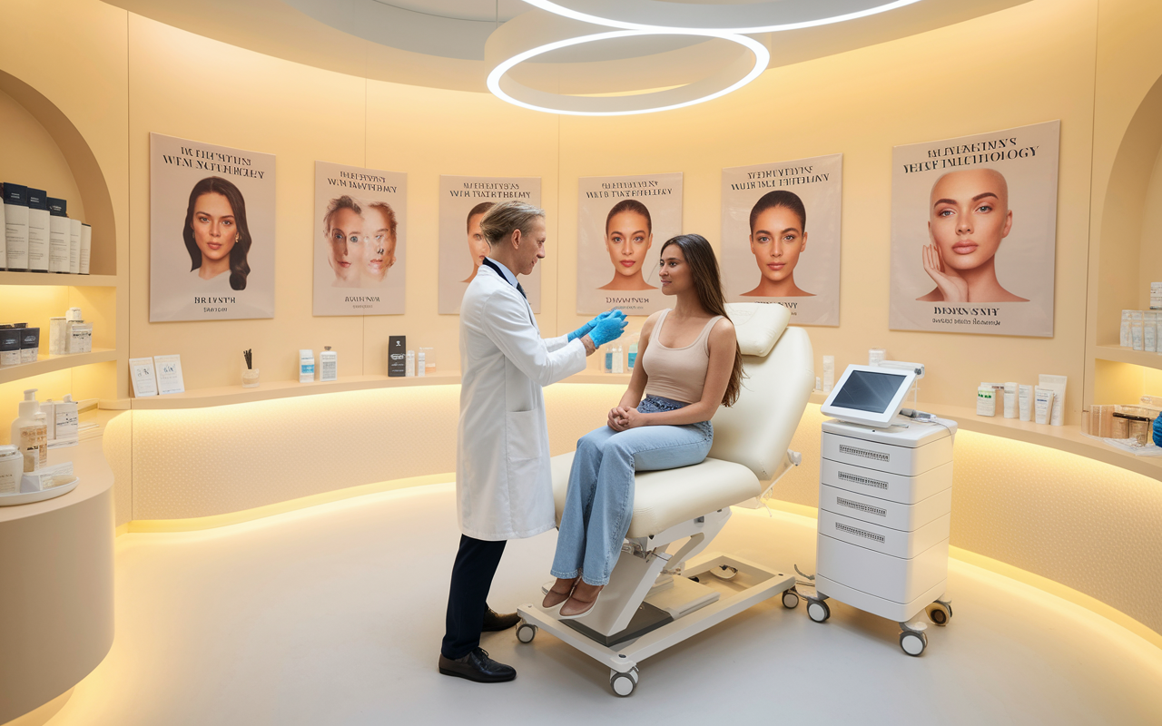 A luxurious dermatology clinic with a bright and modern aesthetic, featuring a dermatologist consulting with a diverse patient in a chic treatment room. The walls are adorned with posters of skin conditions and beauty products. The atmosphere is warm and welcoming, with soft, diffuse lighting. The dermatologist in a white coat, using advanced technology to examine the patient’s skin closely, representing the scientific and cosmetic aspects of dermatology.