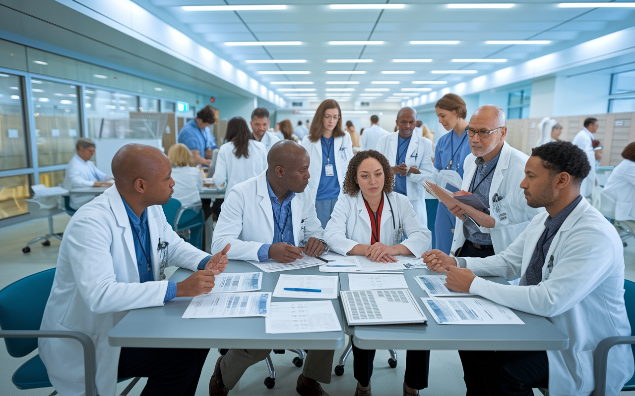 A diverse team of internal medicine physicians discussing patients’ cases in a modern hospital ward. The setting is bright and informative, with charts and patient records on each table. The atmosphere is collaborative, showing the balance of teamwork and individual expertise in managing complex health conditions in a bustling hospital environment.