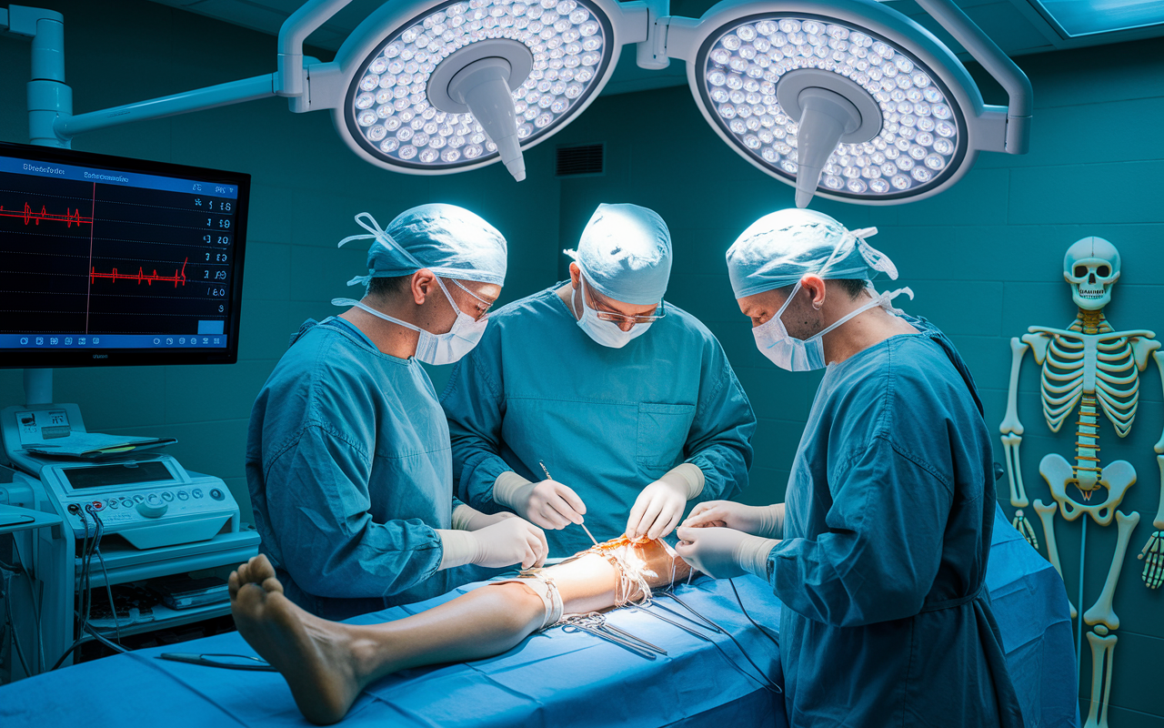 A bustling orthopedic surgical room, with a focused surgical team performing an intricate surgery on a patient's leg. Bright surgical lights illuminate the scene, showcasing the precision and skill of the surgeons clad in scrubs and masks, using advanced surgical tools. A large screen displays vital statistics, and an animated model of the human skeleton can be seen in the background, epitomizing the high-stakes environment of orthopedic surgeries.