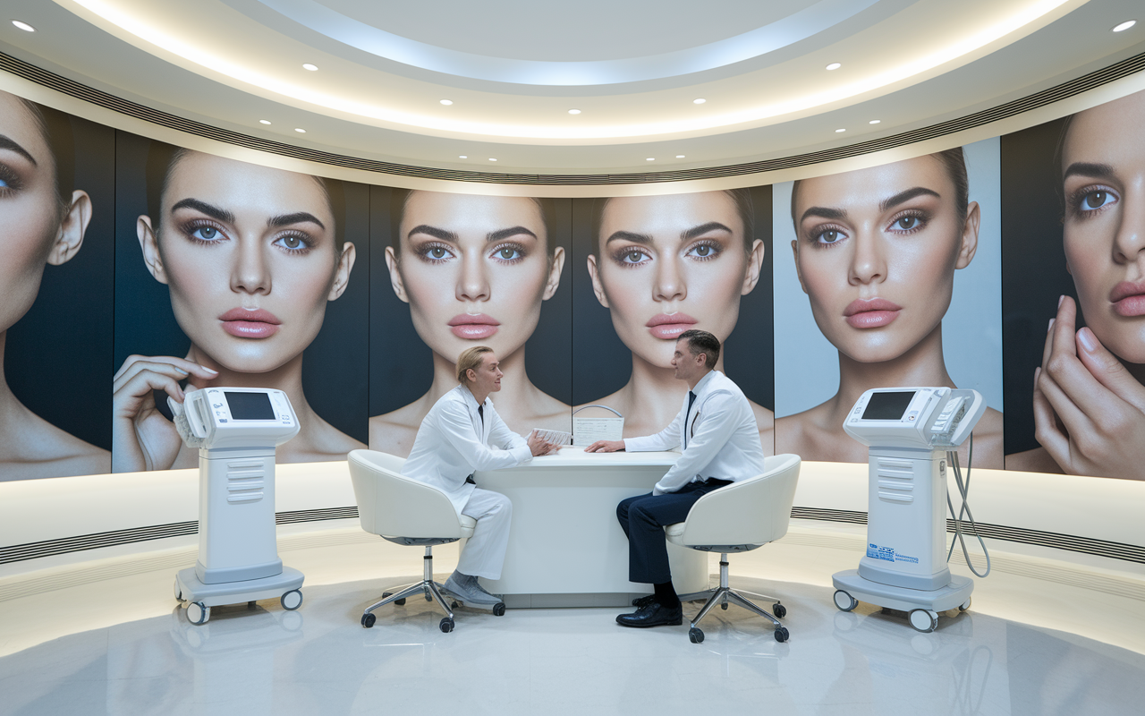 A clean, sophisticated plastic surgery clinic with a prominent display of before-and-after transformation photos. A skilled plastic surgeon is shown consulting a patient about aesthetic procedures, surrounded by elegant decorations and advanced medical equipment. The atmosphere is one of optimism and confidence, with soft, flattering lighting that highlights the surgeon's expertise.