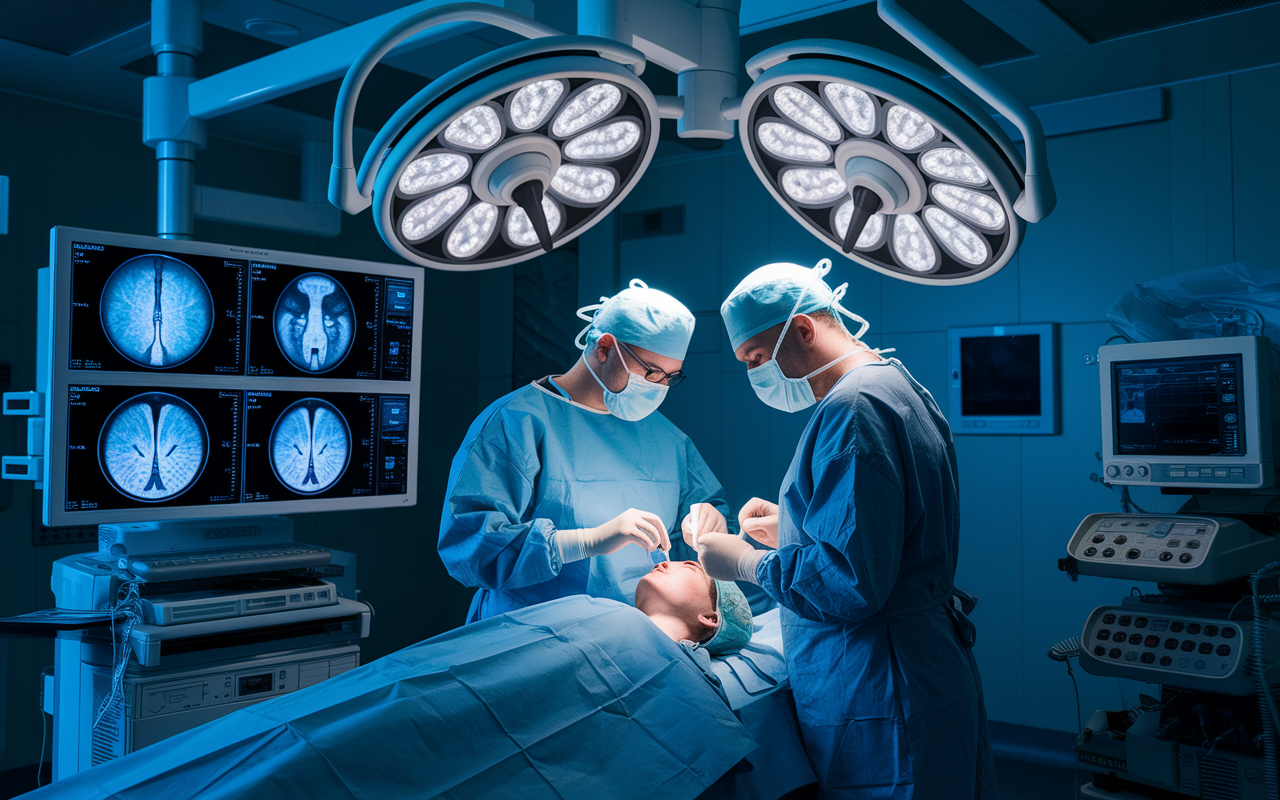 An intense operating room scenario where a neurosurgeon is performing delicate brain surgery on a patient under precise lighting. The room is filled with advanced medical technology, displaying monitors with neuro-imaging results. The atmosphere is tense but focused, capturing the gravity of neurosurgery, highlighting the concentration and skill of the surgical team.