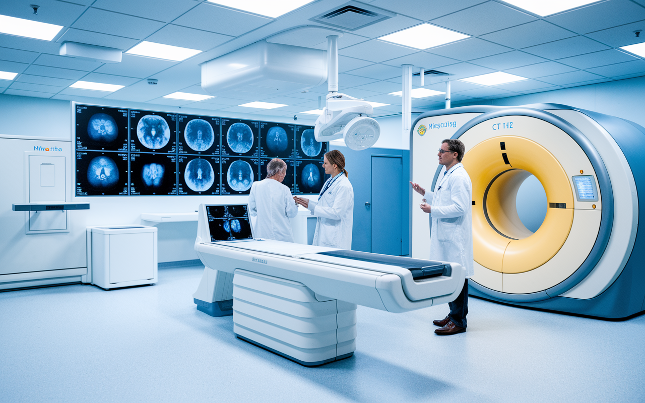 An advanced radiology department filled with high-tech imaging machines, including MRI and CT scanners. A radiologist is examining images on multiple screens while discussing findings with a fellow doctor. The room is bright and filled with digital displays and modernity, emphasizing the complexity and technology-driven nature of diagnostic imaging.