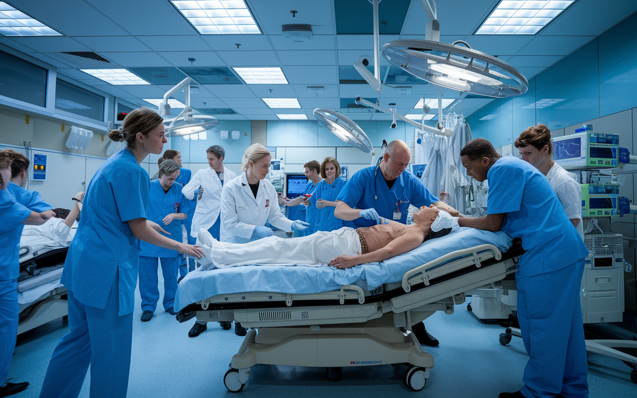 An emergency room buzzing with activity, featuring emergency medicine doctors and nurses treating patients in critical condition. The lighting is bright and urgent, with crashing sounds of medical equipment, and a doctor is showcased performing a quick assessment on a patient. The environment is chaotic yet organized, demonstrating the high-pressure nature of emergency care.