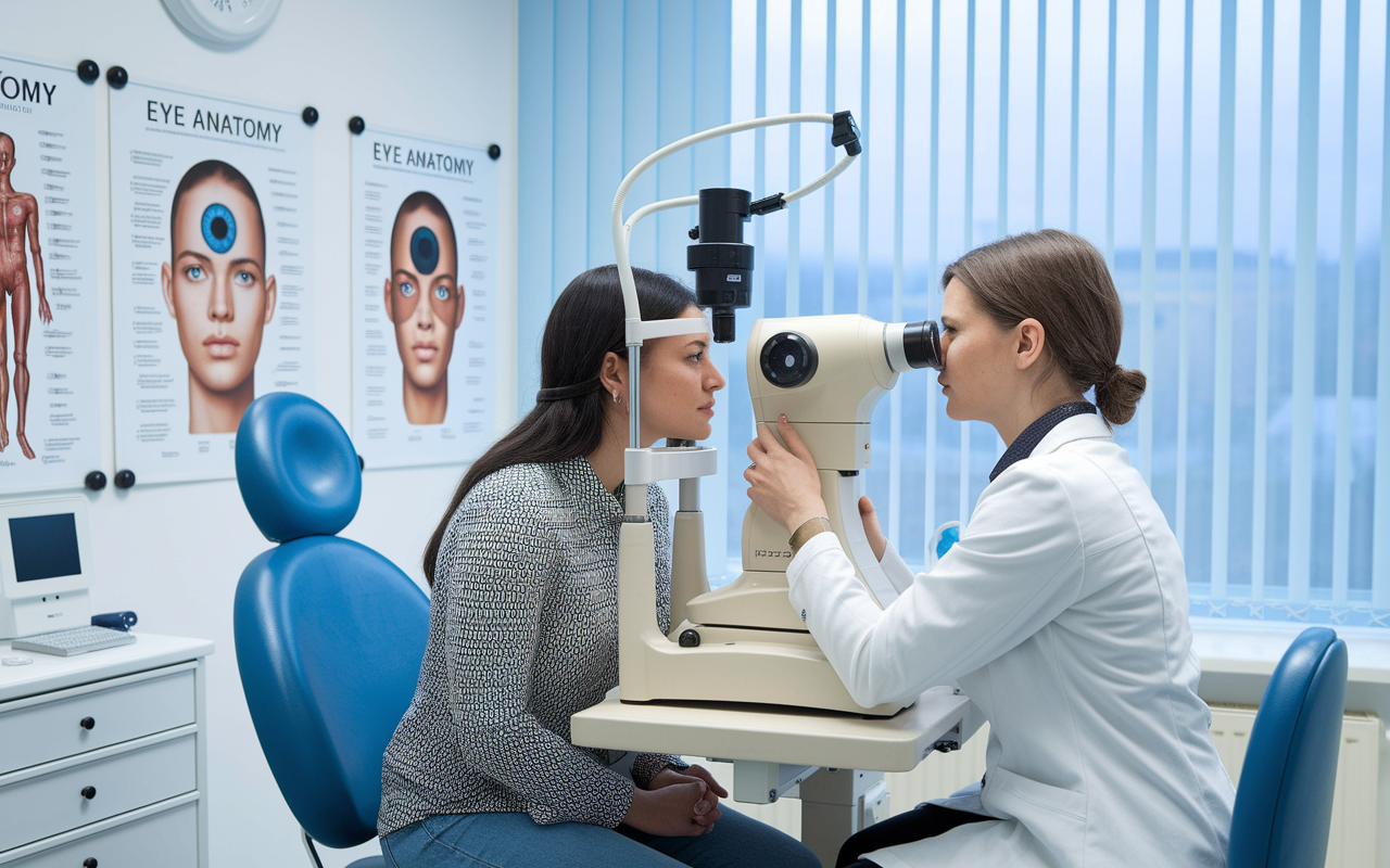 A bright and inviting ophthalmology clinic showcasing an eye examination room where an ophthalmologist is carefully examining a patient's eyes using innovative diagnostic tools. The room features charts of the eye anatomy and modern technology that enhances patient care. The environment is calm and detailed, emphasizing the precise nature of eye care.