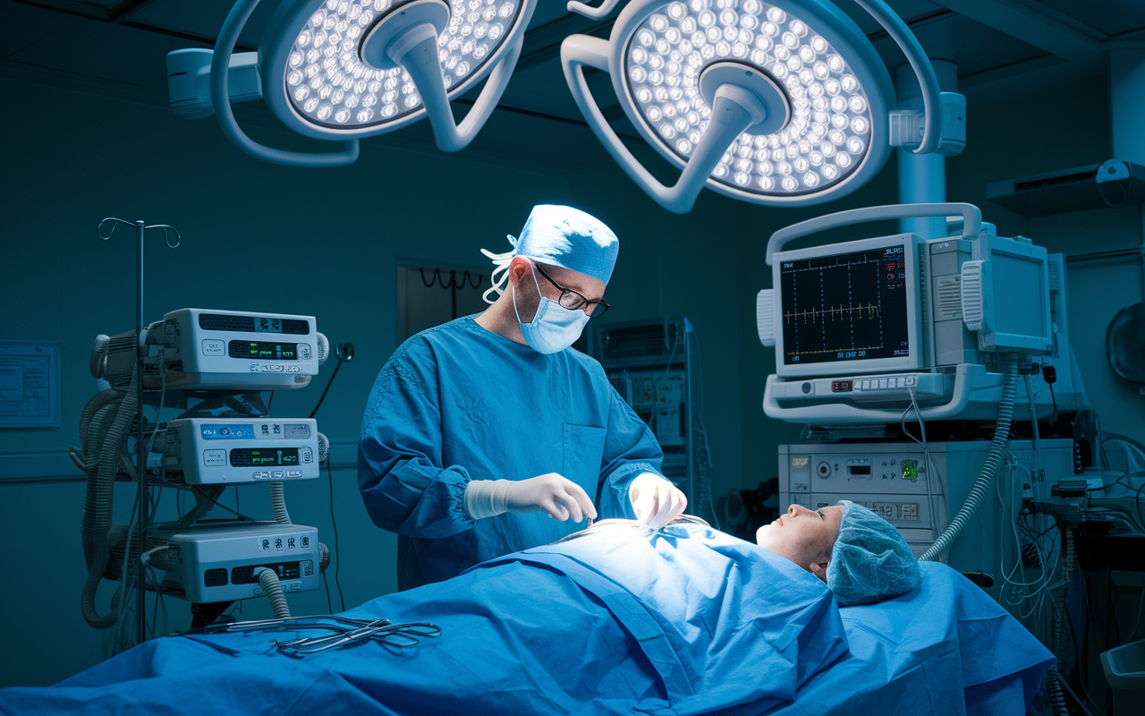 An operating room setting where an anesthesiologist is meticulously preparing anesthesia equipment and monitoring a patient before surgery. The lighting is bright and clinical, with various medical instruments neatly arranged. The atmosphere is one of concentration and responsibility, highlighting the crucial role of anesthesia in surgical safety.