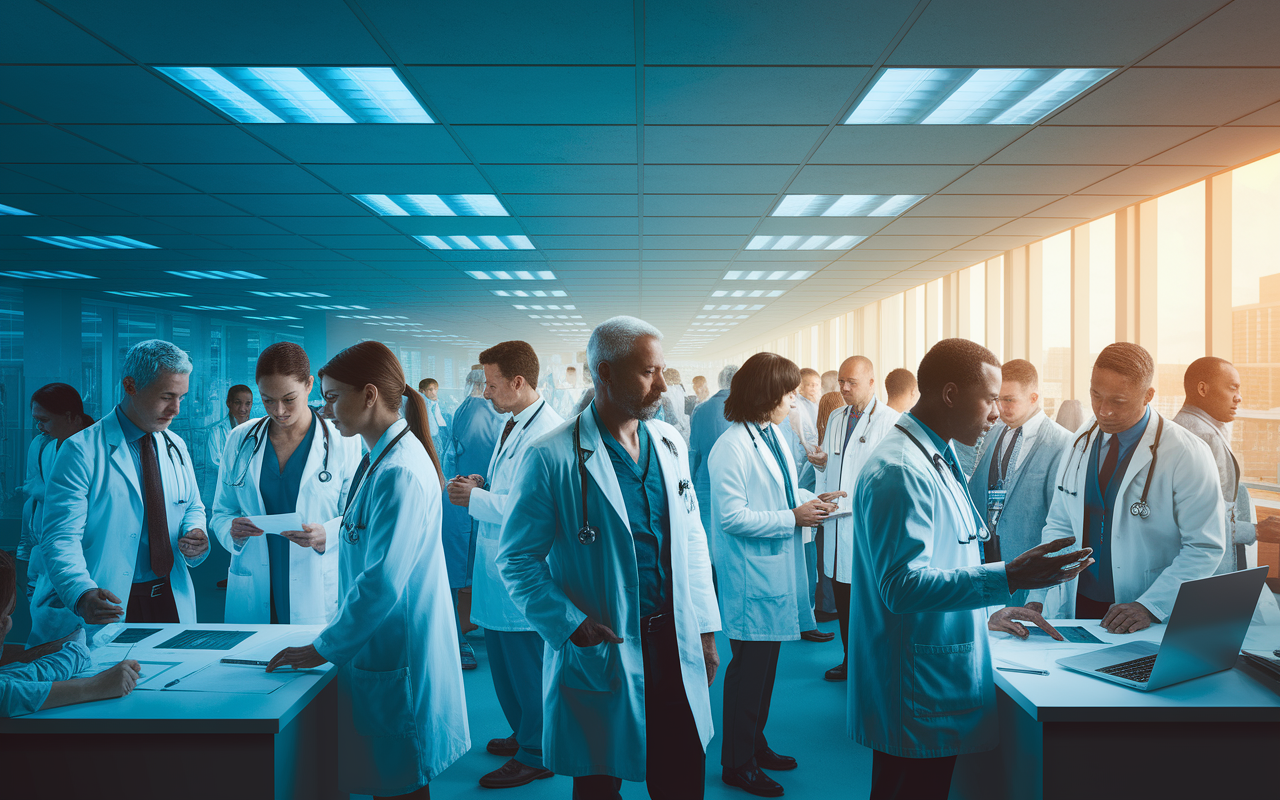 A scene showing a diverse group of doctors in a bustling hospital internal medicine department. Include various specialists attending to patients, analyzing charts, and discussing cases. The atmosphere is serious yet collaborative, radiating an intense energy. The lighting is a mix of fluorescent and natural light coming through large hospital windows, illuminating the busy yet human-focused environment.