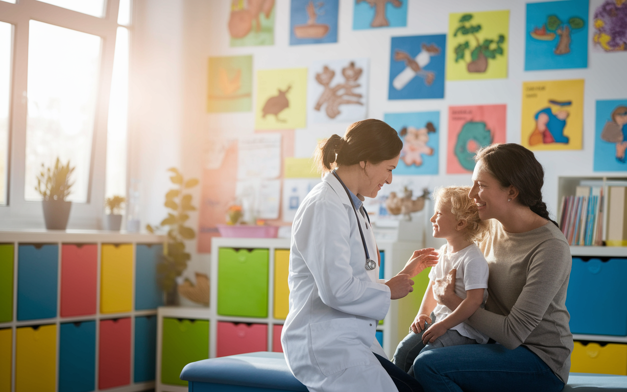 A warm and inviting scene of a family medicine clinic. Show a doctor interacting with a young mother and child, emphasizing compassionate care. The room is colorful, filled with children's artwork and educational posters, creating a friendly atmosphere. Soft sunlight filters through the windows, symbolizing hope and support in family health.