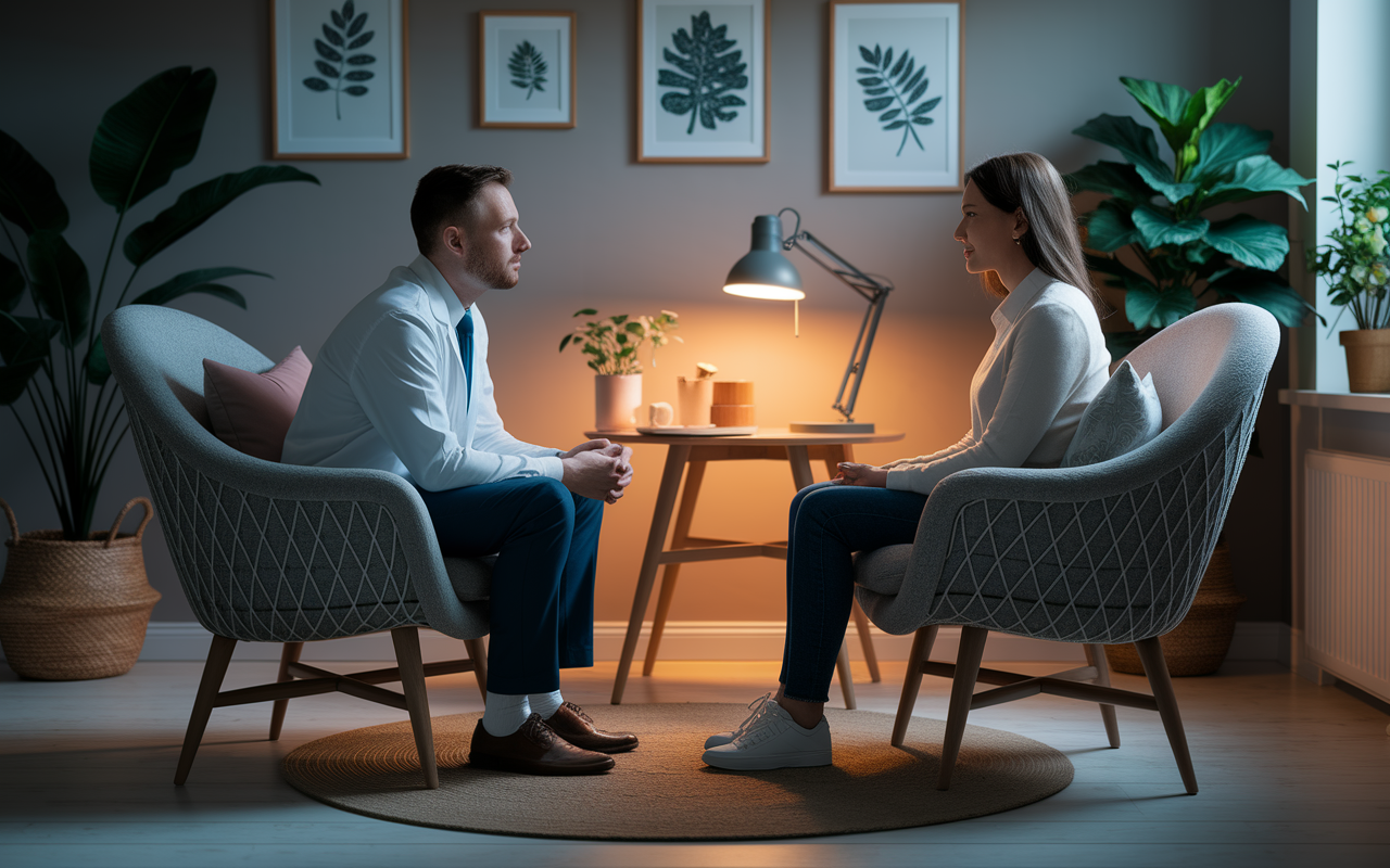 A serene and contemplative setting, depicting a psychiatrist's office. Include a doctor attentively listening to a patient sitting in a cozy chair across from them with soft pillows and botanical decor around. The lighting is muted with a warm glow from a desk lamp, emphasizing the tranquility and safety of the environment for mental health discussions.