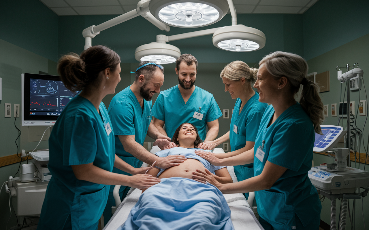 A dynamic Ob/Gyn delivery room scene, with a team of professionals supporting a woman in labor. Capture the expressions of both the medical team and the expectant mother, highlighting a moment of teamwork and anticipation. The lighting is bright, capturing the joy and intensity of childbirth, with relevant medical equipment surrounding the scene.