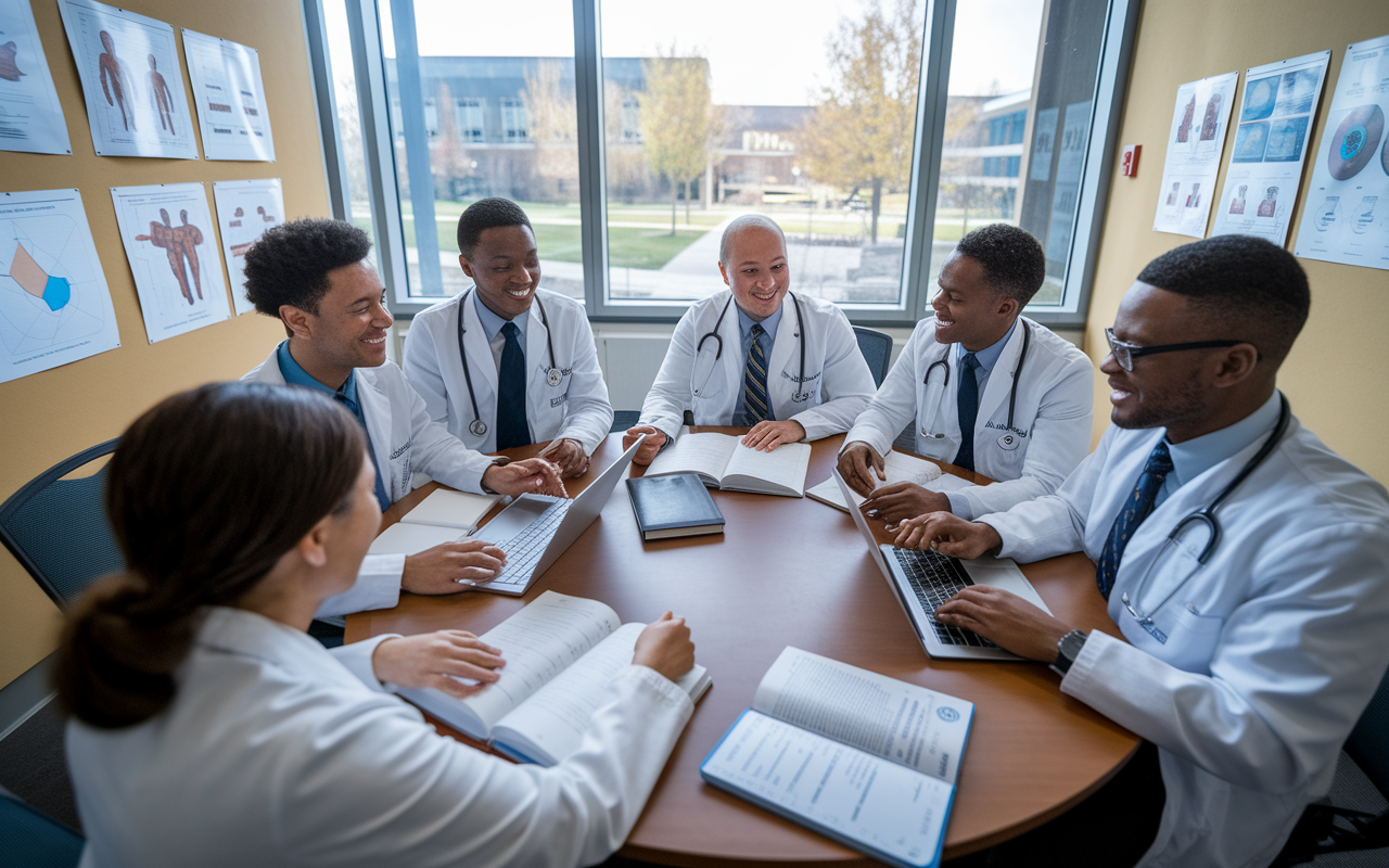 A group of diverse medical students gathered around a round table in a collaborative study session, surrounded by medical textbooks and laptops. The room is filled with charts and diagrams on the walls, and a large window showcases a view of the campus outside. The students are animatedly discussing a project, showcasing camaraderie and teamwork. Soft, focused lighting highlights their engaged expressions.