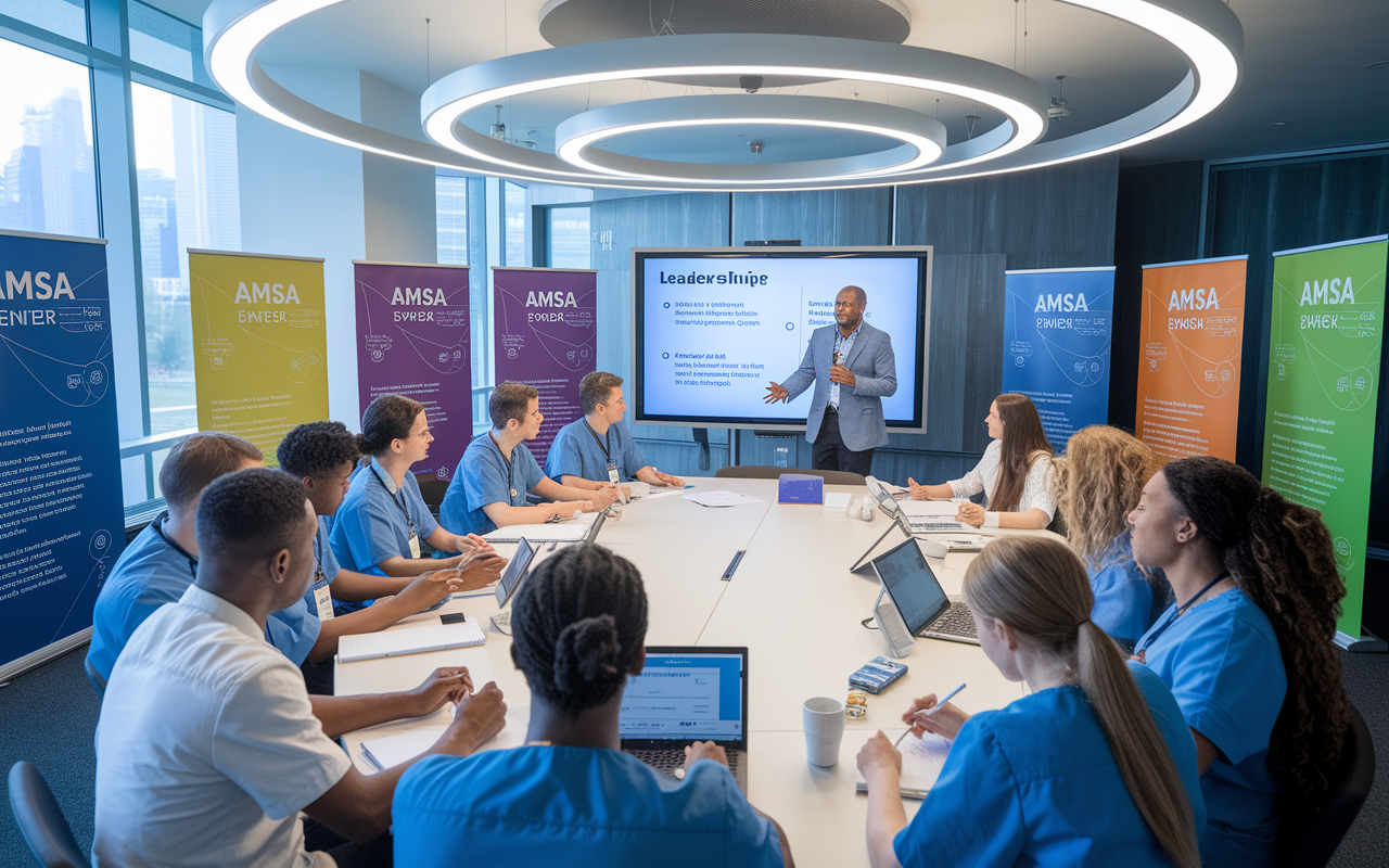 A dynamic leadership training workshop in a modern, well-lit conference room, with medical students attentively participating in a presentation. A facilitator stands at the front, gesturing towards a large screen displaying leadership concepts. The diverse audience takes notes and engages in discussions, surrounded by colorful posters of AMSA events and values. Bright, focused lighting enhances the learning atmosphere.