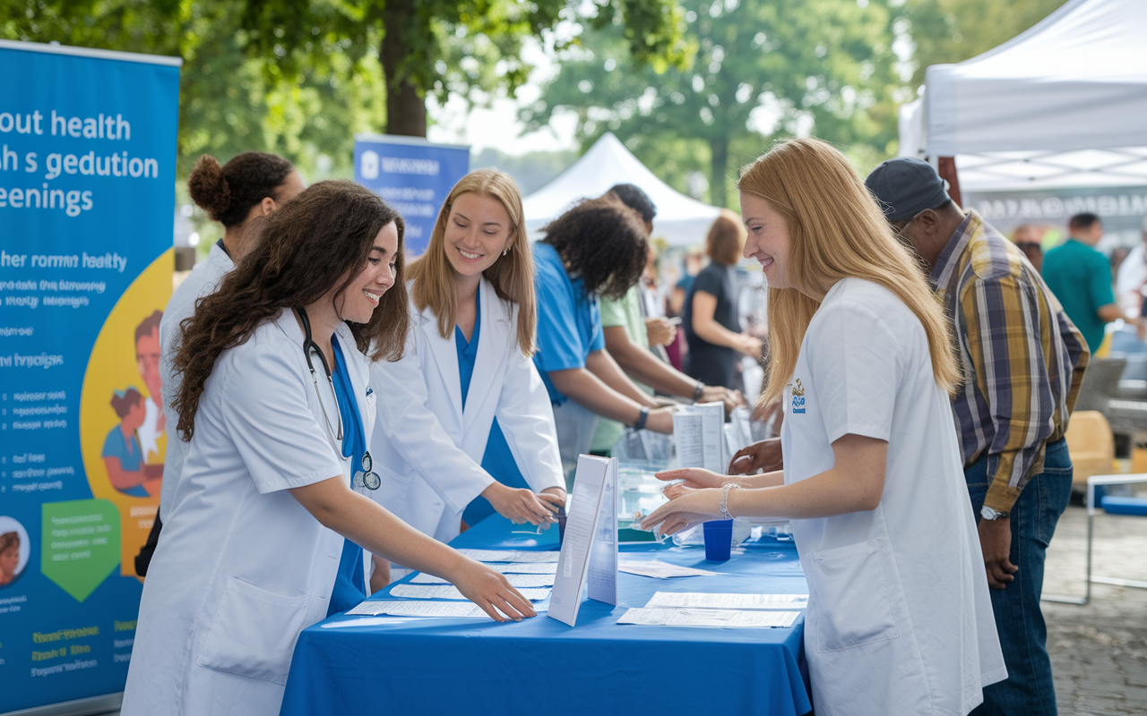 A group of medical students participating in a community health fair, setting up informational booths for health education. The outdoor fair is vibrant and bustling, with banners about various health topics and free health screenings. The students are engaging with community members, showcasing warmth and empathy. Bright daylight adds a cheerful, inclusive atmosphere to the scene.