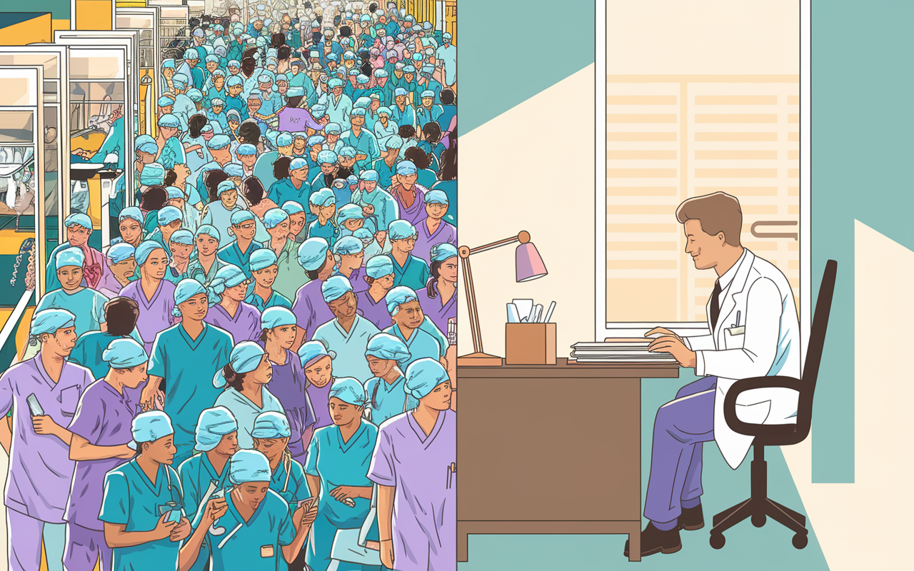 A dynamic split-screen illustration showing two contrasting environments: on one side, a crowded hospital floor filled with medical students in surgical scrubs hustling through a busy scenario; on the other side, a serene depiction of a doctor enjoying a work-life balance, perhaps sitting at a calm desk reviewing files in a bright office. Use vibrant colors on the left and pastel tones on the right to emphasize the dichotomy.