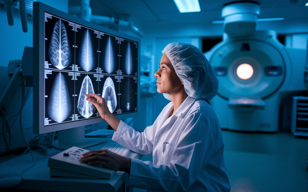 A radiologist analyzing high-resolution imaging scans on multiple screens in a modern radiology suite. The room is filled with advanced imaging technology and equipment. The radiologist looks deep in concentration, highlighted by glow from the screens that illuminate their face, conveying the complexity and critical nature of their work in patient care.