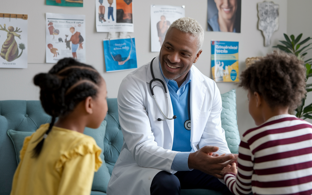 A family physician engaging warmly with a family in a cozy, well-lit office decorated with children's artworks and health pamphlets. The physician listens attentively, emphasizing patient-centered care. The room's inviting atmosphere underscores the importance of work-life balance within the specialty.