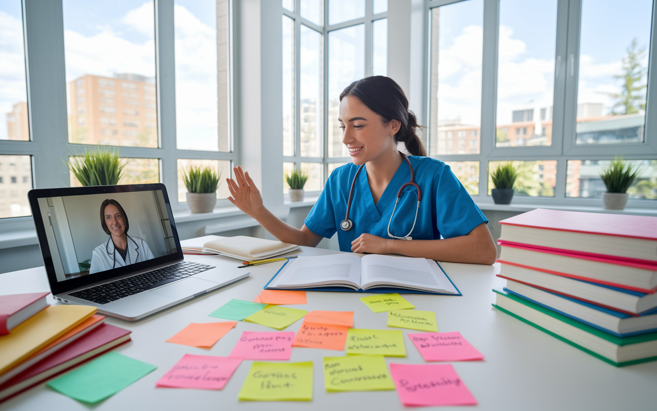 A bright and motivational workspace with an aspiring medical resident surrounded by study materials, medical books, and a laptop displaying a video call with a mentor. Large windows let in natural light, symbolizing hope and future opportunities. Vibrant sticky notes with strategies are scattered on the desk, reflecting a proactive approach to matching.