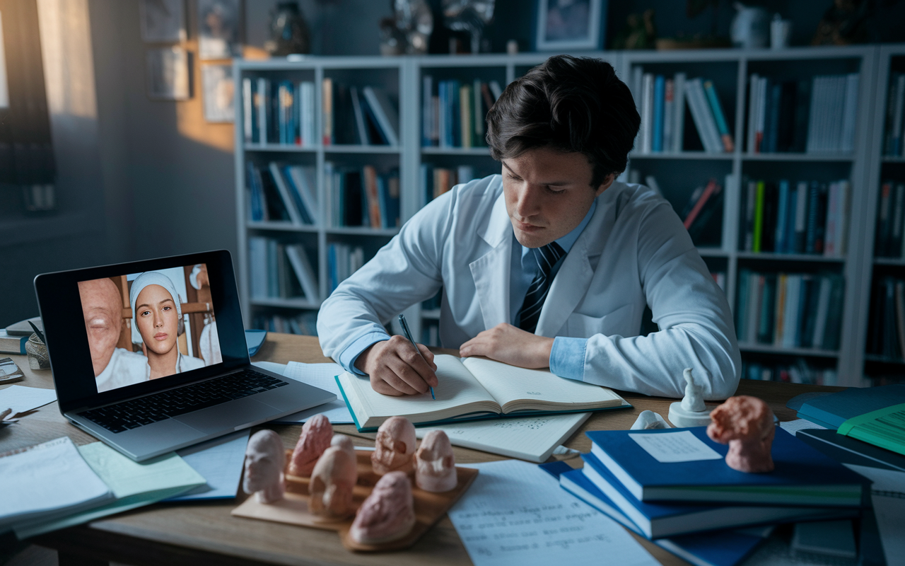 A determined medical student studying intensely in a cluttered room filled with dermatology textbooks, notes, and models of skin anatomy. The room is illuminated with soft, warm light, creating an atmosphere of focus and ambition. On the desk, a laptop shows a virtual class on dermatological conditions, illustrating the hard work and dedication required to match into this specialty.