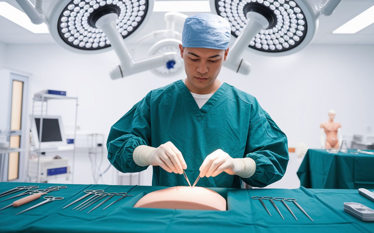 An aspiring plastic surgeon confidently practicing surgical techniques in a high-tech simulation lab, complete with anatomical models and surgical instruments. The lab is bright and modern, reflecting the cutting-edge nature of the specialty. The trainee’s focused expression and the detailed setup convey the rigor and technical skill involved in pursuing this competitive field.