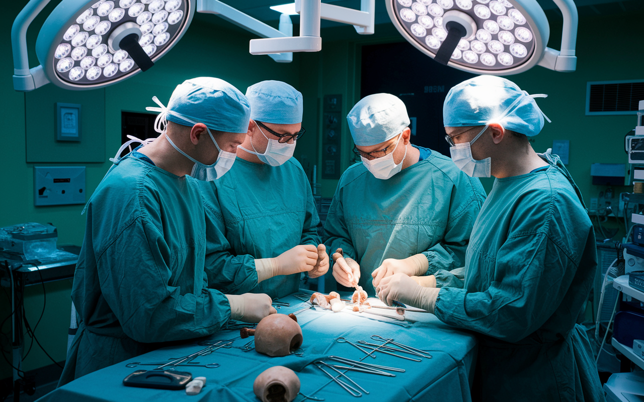 A group of orthopedic surgery residents engaged in a hands-on training session, focusing on advanced surgical techniques. The scene captures an operating room environment with surgical tools, models of human joints, and a mentor guiding the residents through a procedure. Bright overhead surgical lights and a sense of teamwork create a dynamic and intense atmosphere.