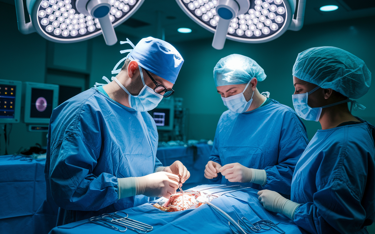 A focused neurosurgery resident in an operating room, meticulously performing a delicate brain surgery. The illuminated surgical field, monitoring equipment, and attentive surgical team in scrubs convey the gravity and precision of the specialty. Blue surgical drapes and bright, clinical lighting enhance the intense and high-stakes atmosphere.