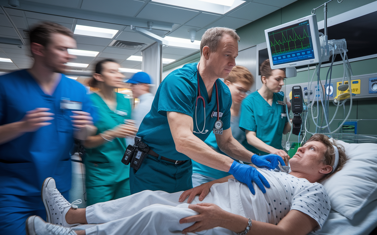 An emergency medicine physician responding to a critical situation in a bustling ER, with a dramatic backdrop of a busy hospital environment. Medical professionals rush past, monitors beep, and excited energy fills the room. The physician, looking composed yet urgent, treats a patient, showcasing both high-pressure demands and extraordinary teamwork.