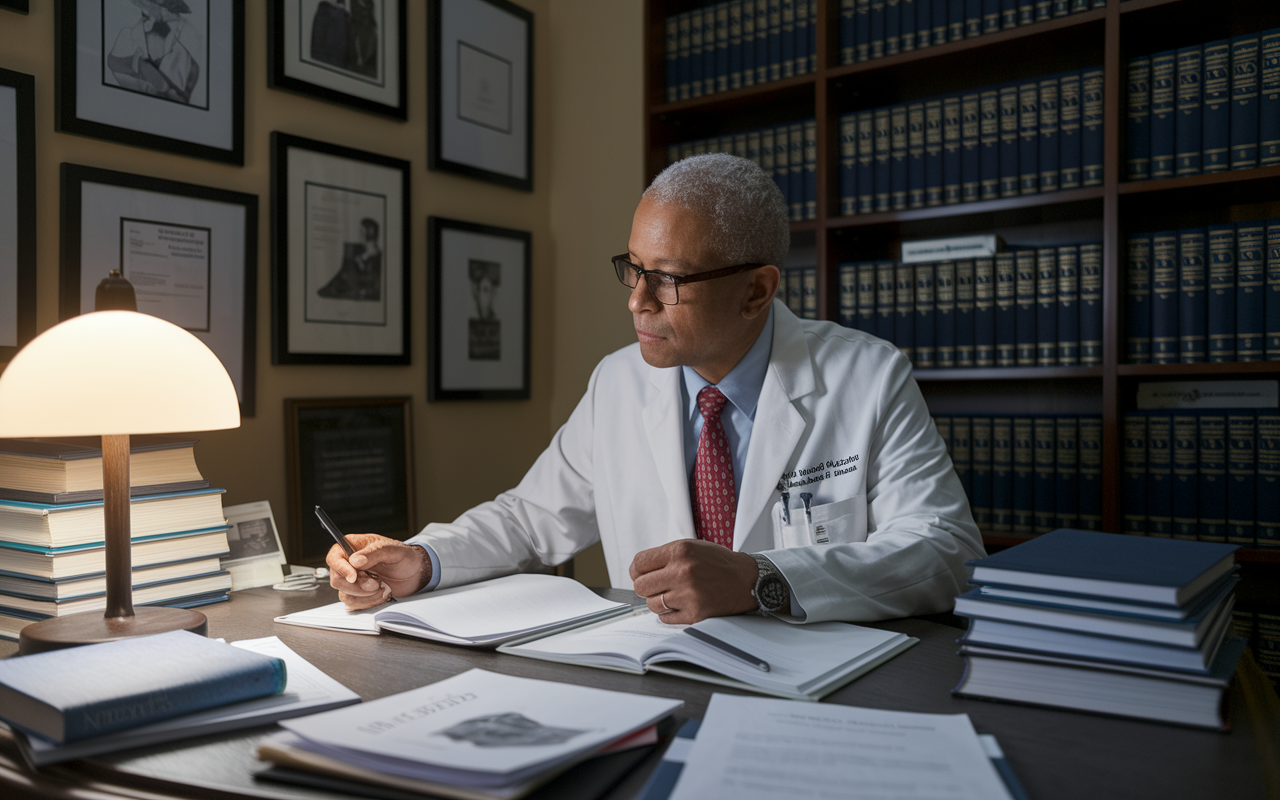 An internist immersed in clinical research, surrounded by papers and medical journals, working late in a well-lit study filled with books on internal medicine. The walls adorned with framed publications reflect a commitment to scholarship and excellence. A soft lamp casts warm light, providing a focused yet serene atmosphere.