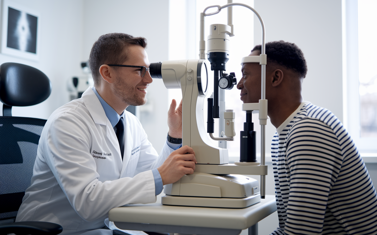 An ophthalmology resident skillfully performing a detailed eye examination on a patient in a well-equipped clinic. The room is bright and modern, filled with advanced imaging technology and eye care tools. The resident, focused and professional, interacts warmly with the patient, reflecting the blend of technical and interpersonal skills required in the specialty.