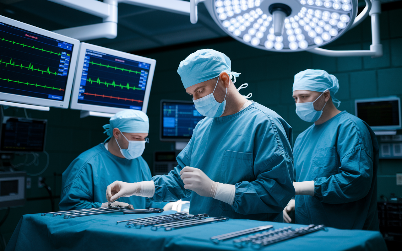 A focused anesthesiologist collaborating with a surgical team in a high-stakes operating room setting. Monitors display vital signs, and a controlled environment emphasizes precision. The anesthesiologist is intently checking equipment, exemplifying the intense focus and attention to detail required in the field.