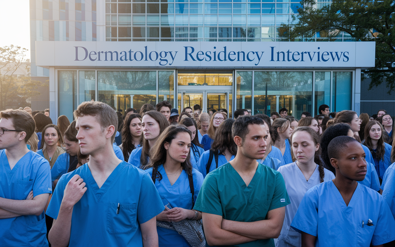 A collage showcasing the competitive nature of dermatology residency. In the foreground, a large number of medical students in scrubs are gathered anxiously outside a hospital. In the background, a sign reads 'Dermatology Residency Interviews', with a few empty chairs symbolizing the limited spots available. The atmosphere is tense yet hopeful under soft morning light.