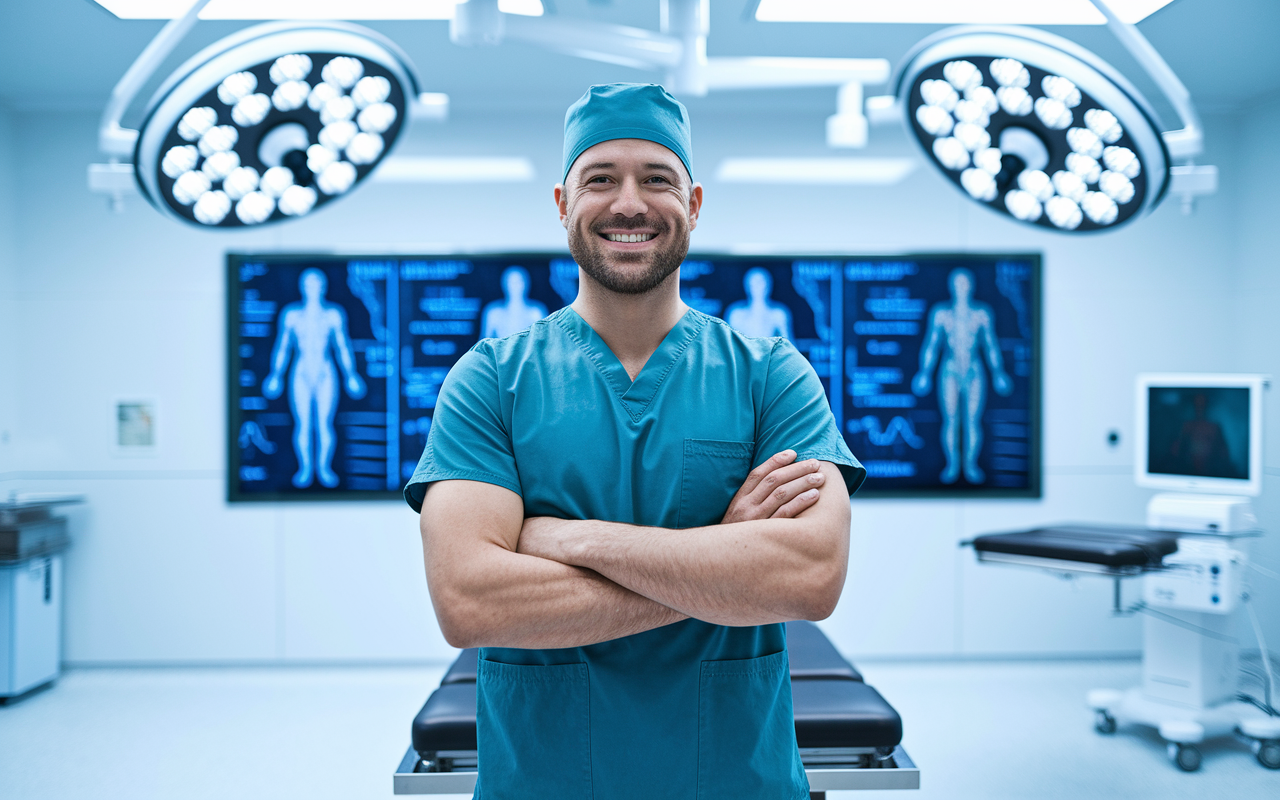 A confident orthopedic surgeon in a modern, brightly lit surgical room, showcasing their expertise. The surgeon, dressed in scrubs, stands with arms crossed, exuding a sense of pride and professionalism. In the background, advanced surgical tools and a digital display showing anatomical charts reflect the prestige and innovation in the field. The overall atmosphere is bright and inspiring, highlighting the prestige associated with the specialty.