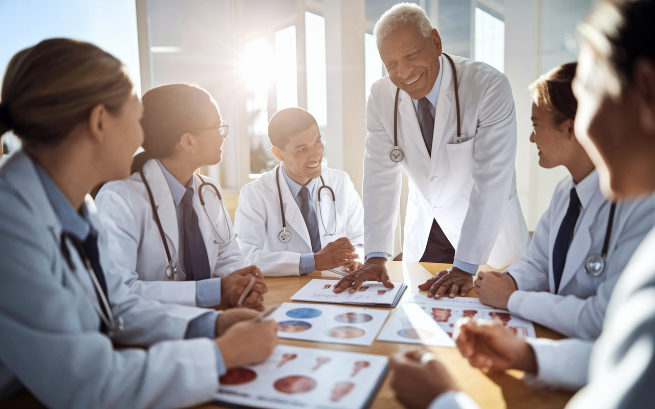 A warm and inviting mentorship session in a medical office. An experienced physician guides a group of young medical students, passionately discussing various specialties with charts and models spread across a table. The room is filled with sunlight, casting a friendly ambiance, emphasizing the importance of mentorship in shaping medical careers.