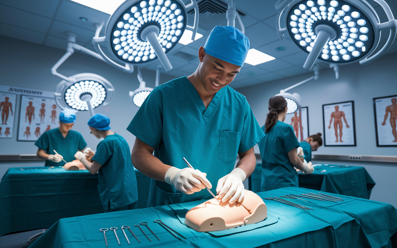 An enthusiastic medical student wearing scrubs, practicing surgical skills in a modern medical training simulation lab. The student is attentively focused on a realistic mannequin, demonstrating various surgical techniques with instruments in hand. Bright overhead lights illuminate the room, creating a sterile and professional atmosphere. Charts and anatomy posters adorn the walls, while fellow students are engaged in practice, showcasing a collaborative learning environment. The sense of motivation and ambition is palpable.