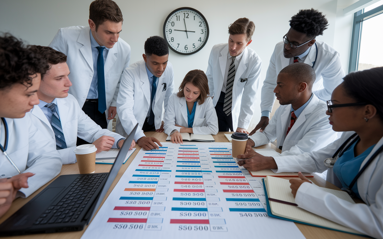 A diverse group of medical students gathered around a large table, analyzing a chart displaying the number of residency positions by specialty. The room is filled with laptops, notebooks, and coffee cups, capturing the intense focus and determination of each student. A wall clock features prominently, symbolizing the race against time to secure residency slots. The atmosphere is serious yet collaborative, reflecting the competitive yet supportive nature of medical education.