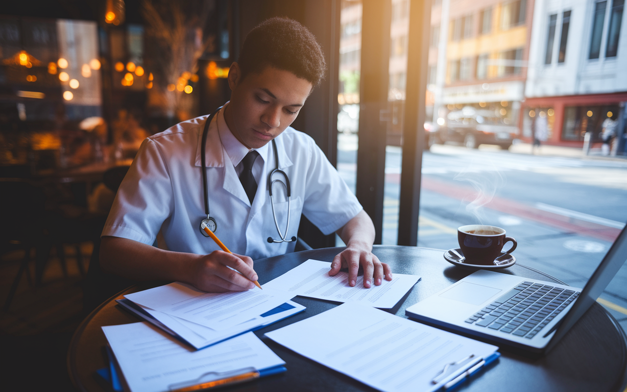 A determined medical student sitting at a cozy café, absorbed in writing a personal statement for residency applications. Papers, a laptop, and a steaming cup of coffee surround them. The warm ambient lighting creates a reflective atmosphere, as the student works intently, capturing their passion for medicine. The outside view features a bustling city, indicating the vibrant life beyond the café. A pencil is poised in hand, ready to refine this vital document.