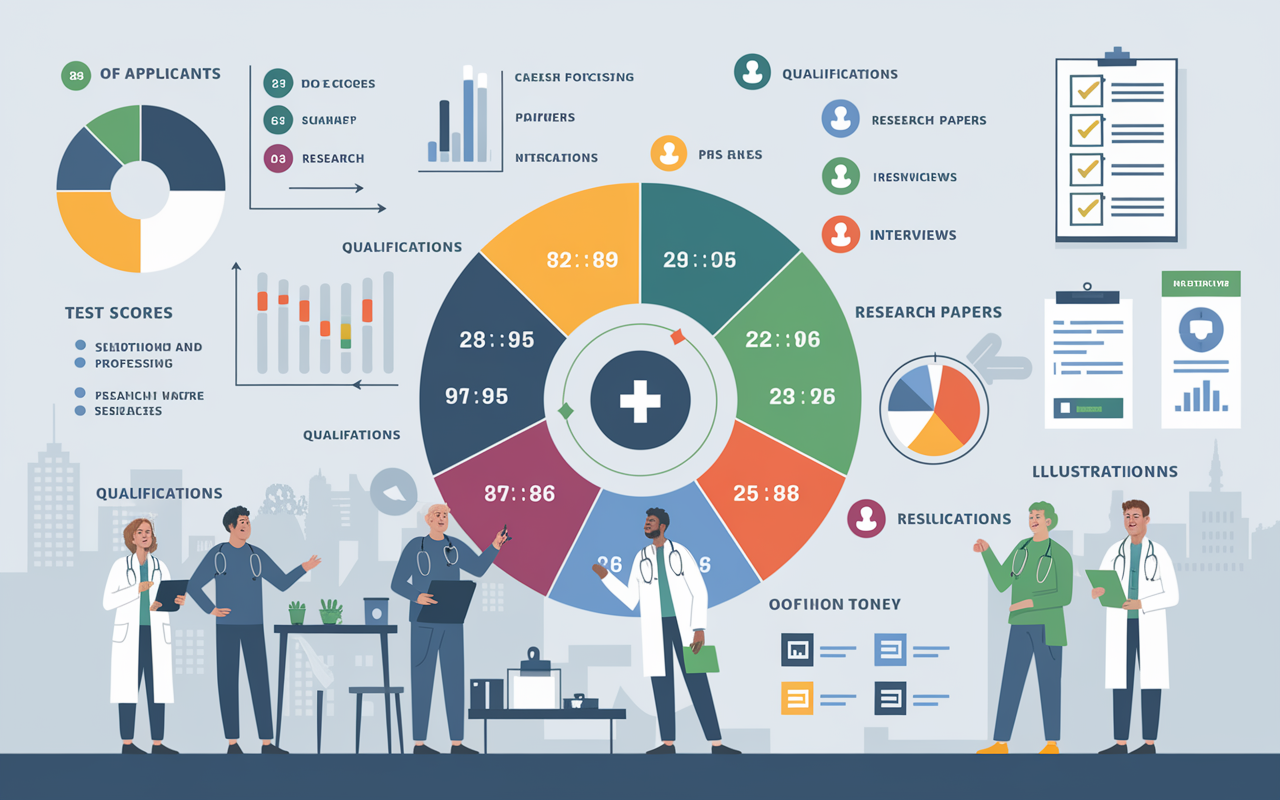 A visually organized infographic-style image illustrating the factors influencing the competitiveness of medical specialties. Display elements like pie charts or diagrams showing the number of applicants, available positions, and qualifications. Use icons representing qualifications like test scores, research papers, and interviews. The background should be clean and professional, with a focus on medical themes.