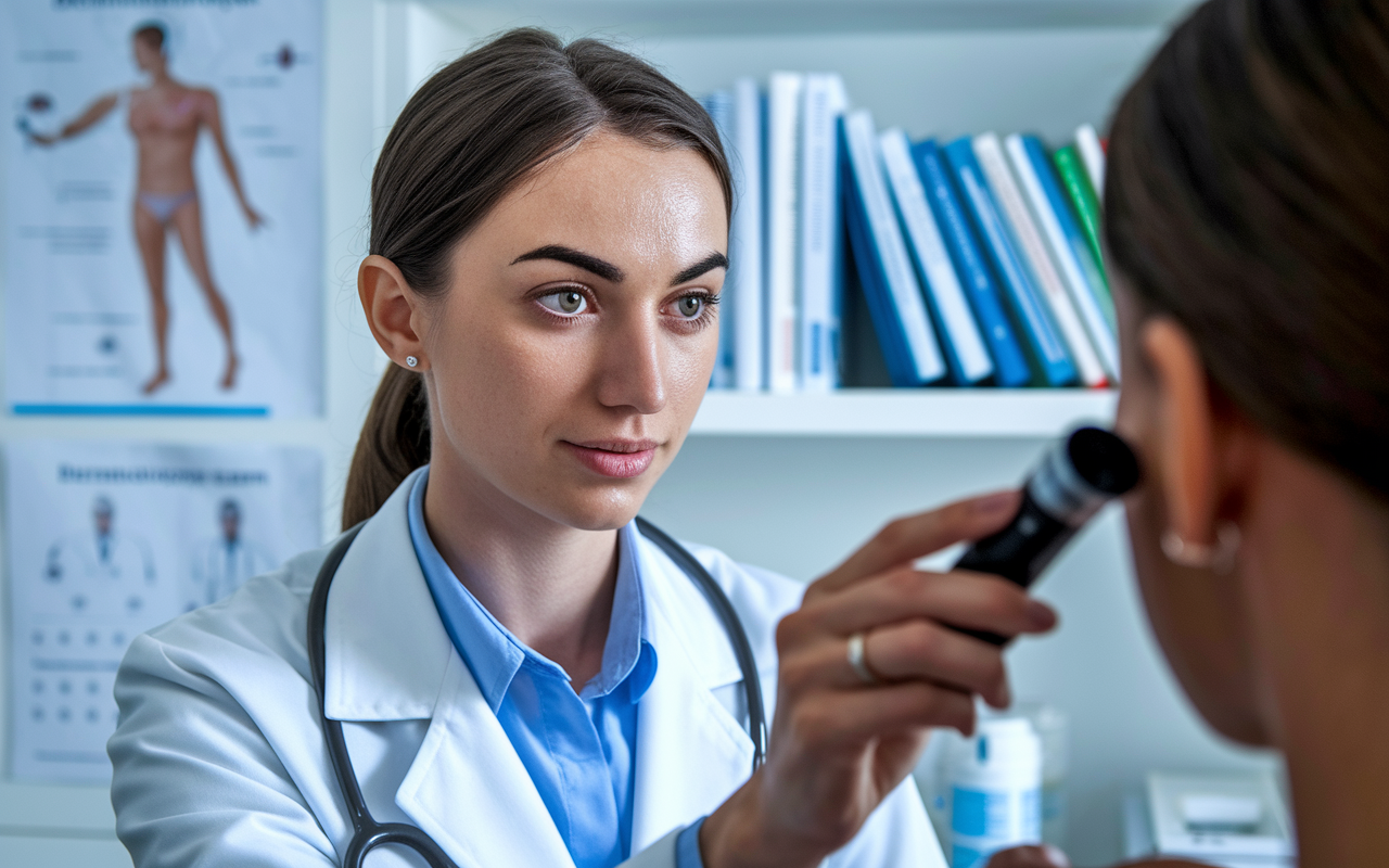 A focused scene featuring a young female dermatologist in a well-lit clinic, examining a patient's skin condition with a dermatoscope. The examination room is adorned with dermatology charts and medical books. The lighting is bright yet soothing, creating an atmosphere of care and professionalism. The doctor is portrayed as attentive and engaged, emphasizing her dedication to patient care.