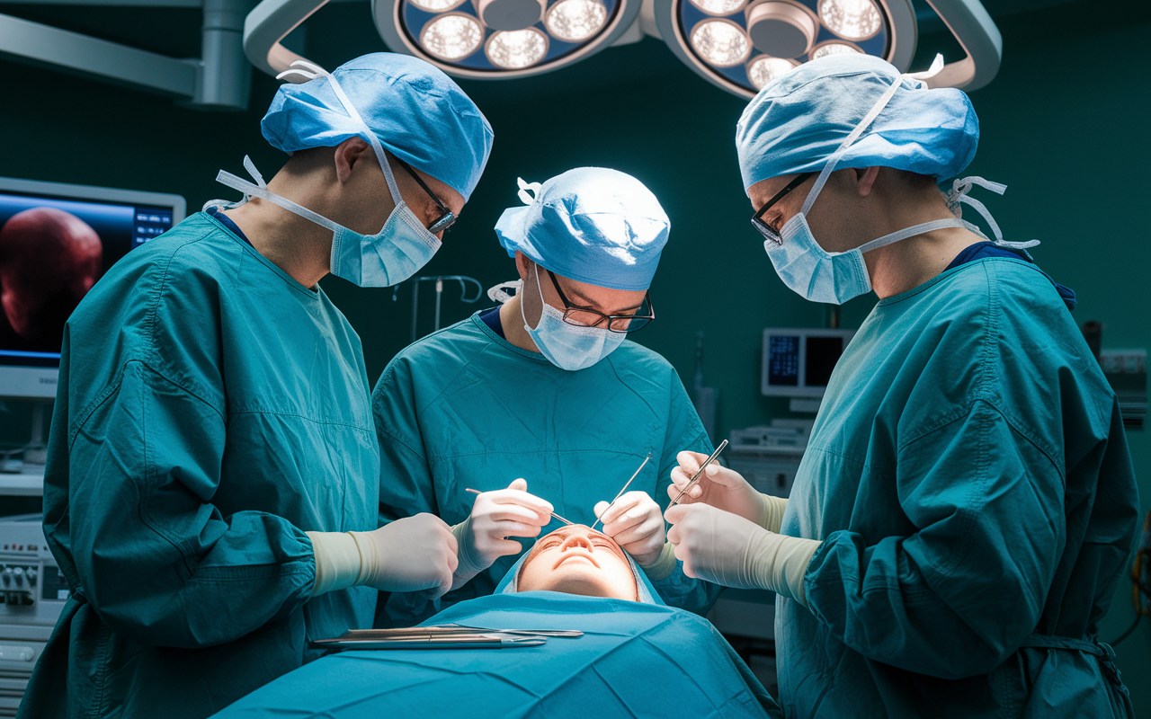 An operating room scene with a skilled plastic surgeon performing a cosmetic surgery procedure. The surgeons, in full surgical gear, are focused on the task, with surgical tools and monitors in the foreground. The atmosphere is intense yet professional, highlighted by soft surgical lights. The scene captures a moment of precision and art in surgery, reflecting the dedication required in this specialty.