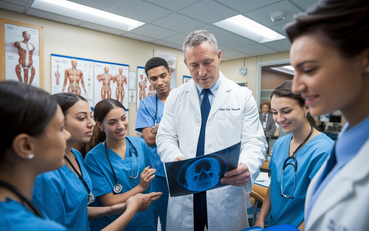 A dynamic image of an orthopedic surgeon in a training environment, examining an X-ray with a group of medical students. The classroom is equipped with anatomical models and medical charts on the walls. The lighting is bright, illustrating a sense of eagerness and learning. Students look attentive and engaged, showcasing the teamwork involved in orthopedic education.