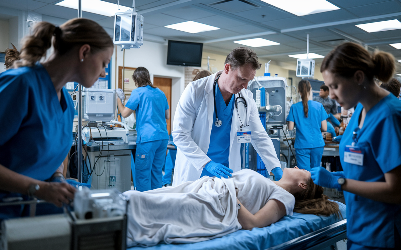 A high-energy emergency room scene, filled with medical staff swiftly attending to patients. A doctor is seen intently assessing a patient while nurses prepare equipment in the background. The environment is urgent, with a mix of fluorescent lighting and the commotion of a busy hospital, showcasing the rapid pace and critical decision-making required in emergency medicine.