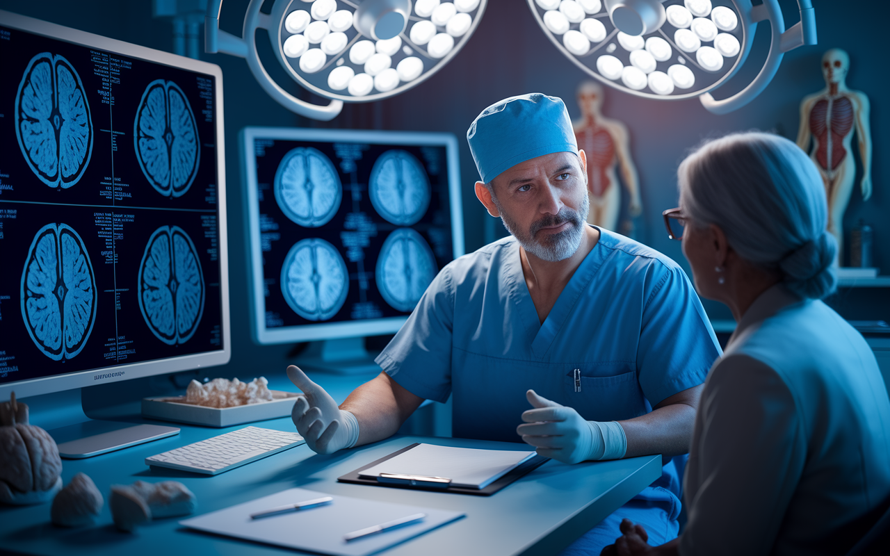 An intense consultation scene in a neurosurgery office, where a neurosurgeon discusses a brain scan with a patient. The room is filled with monitors displaying imaging results, and anatomical models of the brain. The surgeon's expression reflects compassion and professionalism, with warm lighting creating a calm yet serious atmosphere.