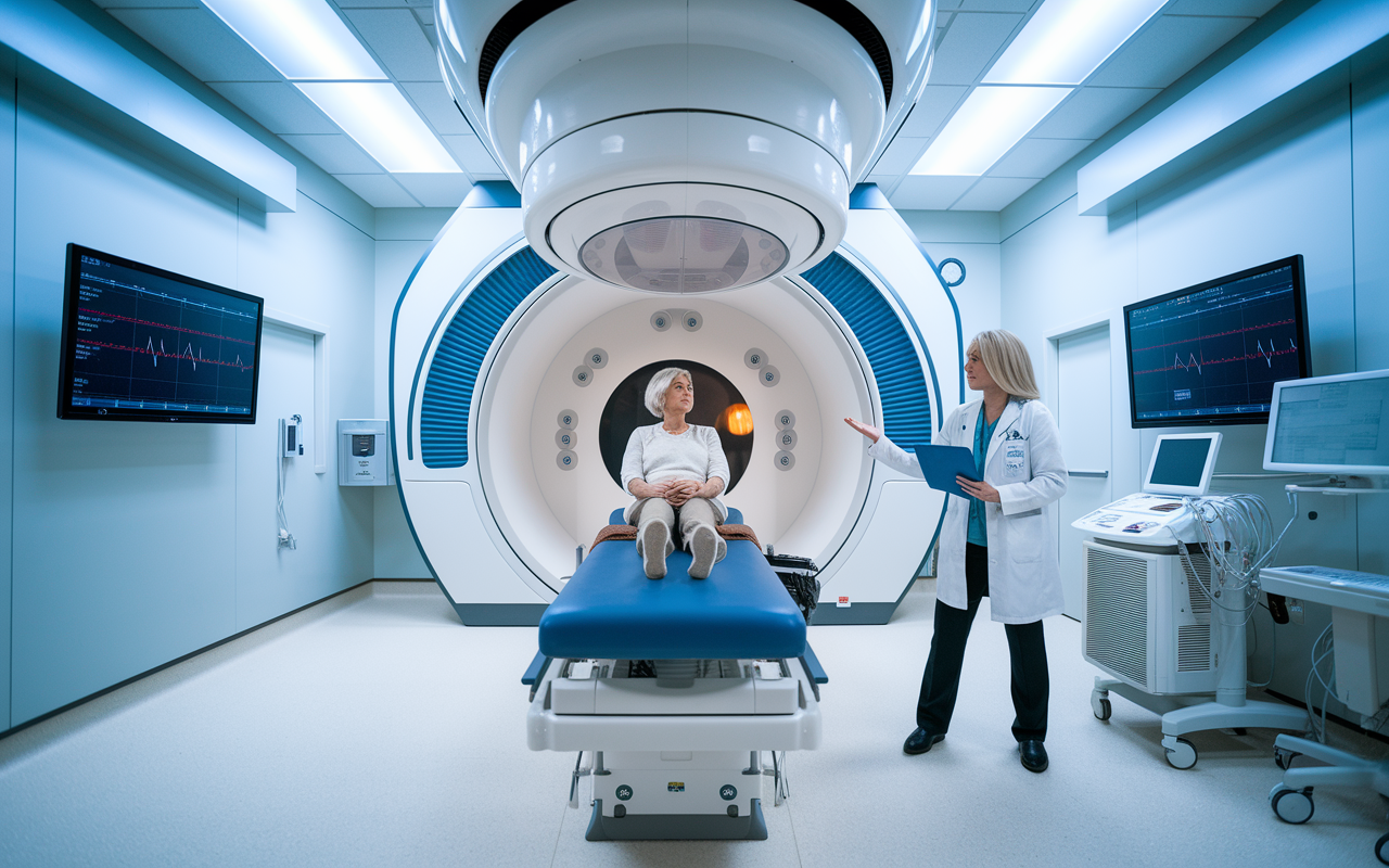 A bright and advanced radiation oncology treatment room where a radiation oncologist is explaining a treatment plan to a cancer patient. The room is equipped with modern machinery and screens with visible patient data. The atmosphere is supportive and hopeful, showcasing the compassionate aspect of patient care in oncology.