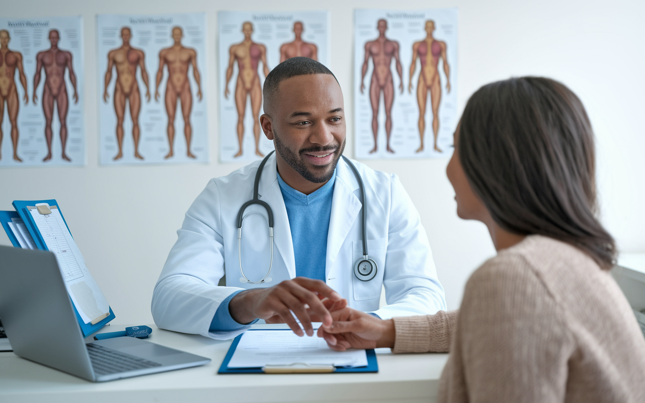 An engaging scene in a doctor's office with an internal medicine physician consulting with a patient. There are medical charts, a laptop, and anatomical posters in the background. The doctor is depicted as attentive and empathetic, while the patient appears relaxed and engaged, emphasizing the importance of the doctor-patient relationship in internal medicine.