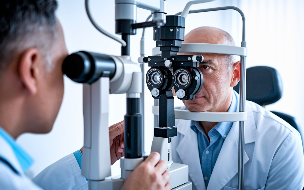 A close-up scene of an ophthalmologist performing an eye examination with advanced instruments. The room is bright and clinically organized, showcasing medical equipment specialized for eye care. The patient appears calm and focused, while the doctor is portrayed as professional and attentive, highlighting the precision required in ophthalmology.