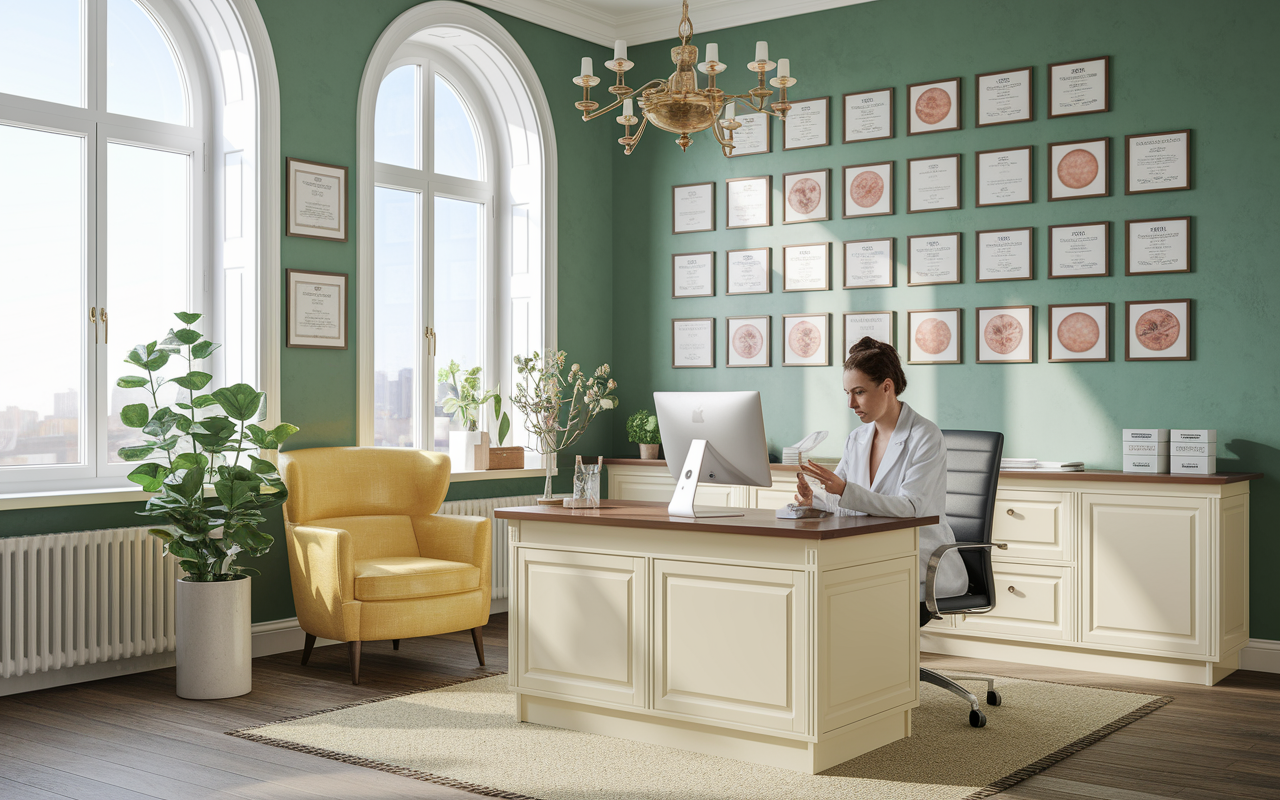 An elegantly designed dermatology office with a warm and inviting atmosphere. A dermatologist is seen consulting with a patient, discussing a skin condition with a high-tech skin assessment device on a clean desk. A wall lined with diplomas and images of skin conditions, bathed in natural light pouring through large windows, illustrating a sense of professionalism and care.