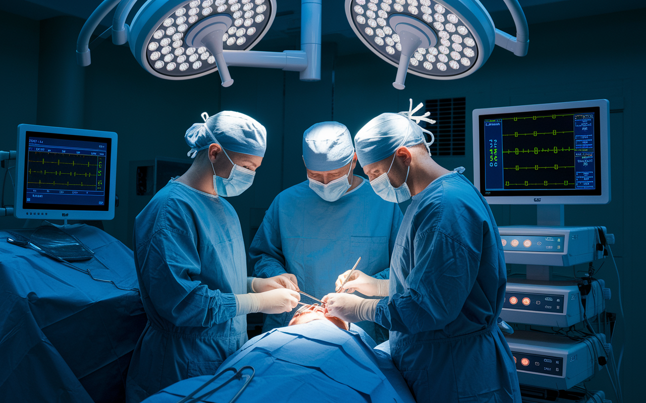 A high-stakes plastic surgery operating room, with a team of surgeons wearing masks and scrubs, intensely focused on a complex reconstructive procedure. High-tech surgical instruments and monitors displaying vital signs are present, illustrating the intricacy and seriousness of the work. Dimmed lights with precise focused lighting on the surgical field enhance the dramatic tension in the scene.