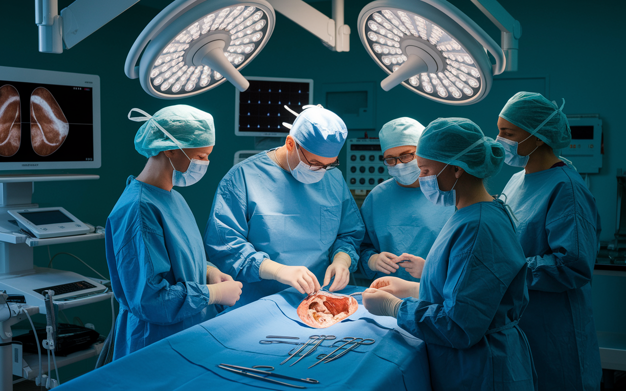 An orthopedic surgeon in a bright operating room carefully performing a joint replacement surgery, surrounded by a team of focused assistants. Various orthopedic tools and quality imaging equipment are prominently displayed, reflecting the advanced technology in use. Soft overhead surgical lights illuminate the scene, highlighting the skill and precision involved.