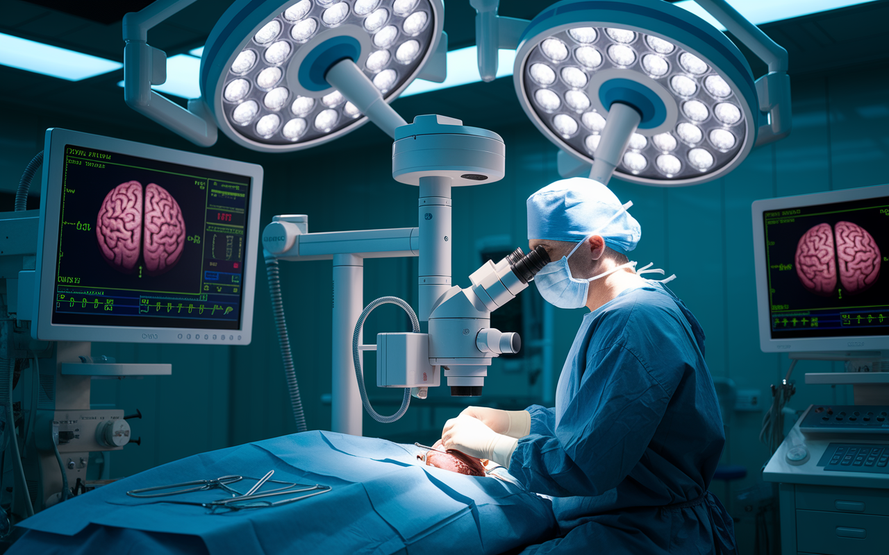 A neurosurgery operation in a sophisticated surgical theater, with a neurosurgeon performing intricate brain surgery using microscope technology. Monitors displaying brain activity and other vital statistics are surrounding the sterile environment, showcasing the high level of precision needed. The atmosphere is focused and intense, with soft but focused surgical lights casting an ethereal glow.