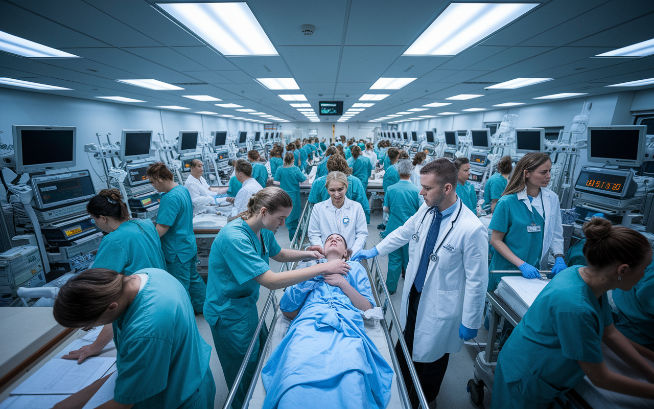 A bustling emergency room, filled with medical staff working efficiently amidst a flurry of activity as they respond to multiple urgent cases. A doctor is seen guiding a team in treating a patient on a gurney while monitors beep around them, encapsulating the high-stakes intensity of emergency medicine. Bright fluorescent lights illuminate the chaotic yet organized environment.